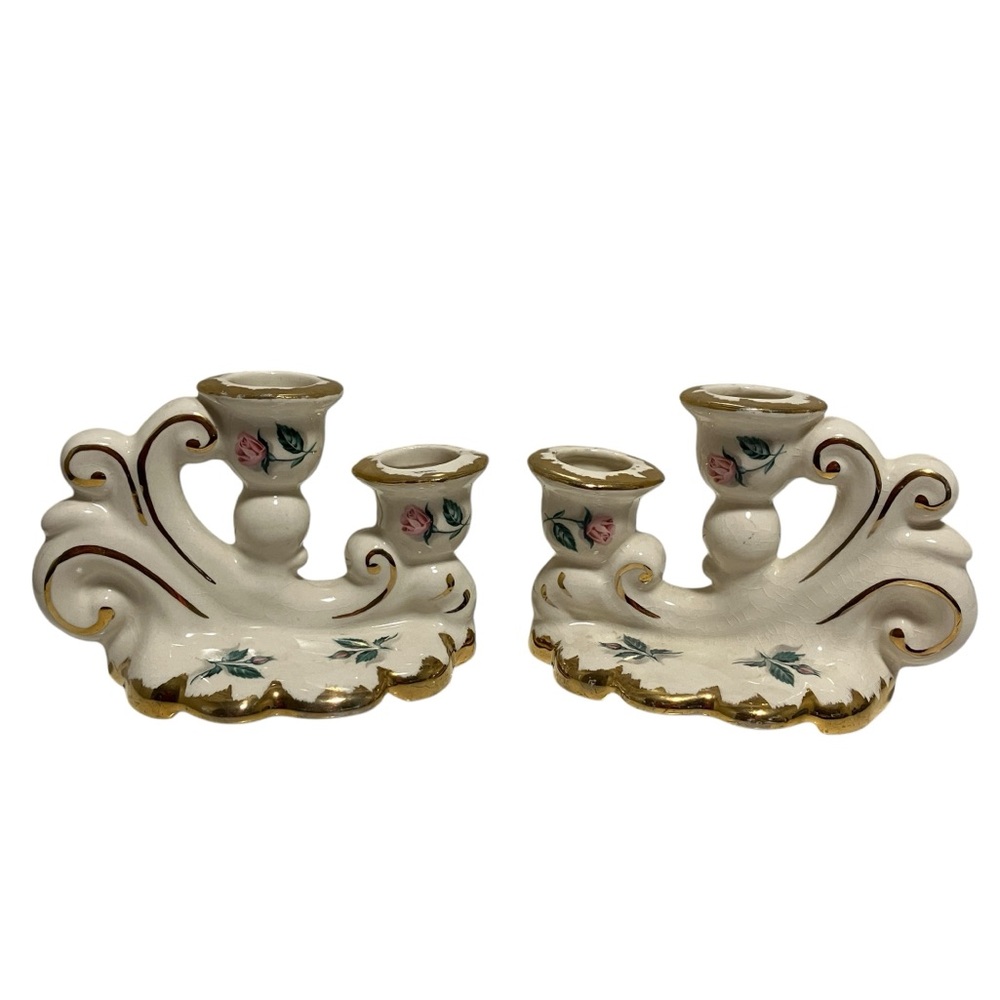 Vintage Ceramic Floral Gold Tone Trim Accents Dual Candle Holder Lot of 2